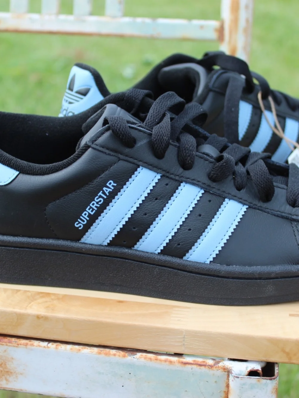 Adidas Superstar Black with Light Blue Stripes